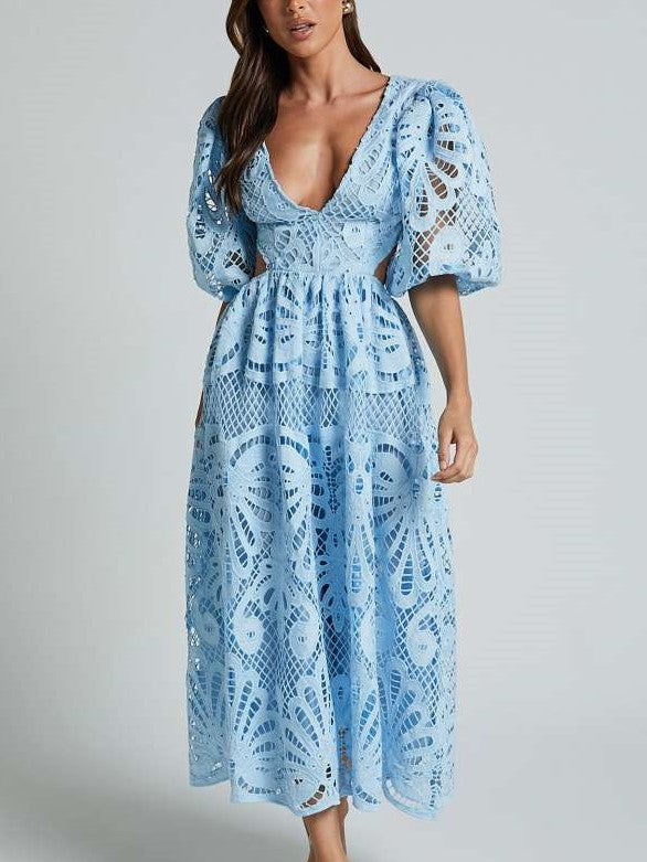 Fabulous Lantern Sleeve Lace V Neck Dress