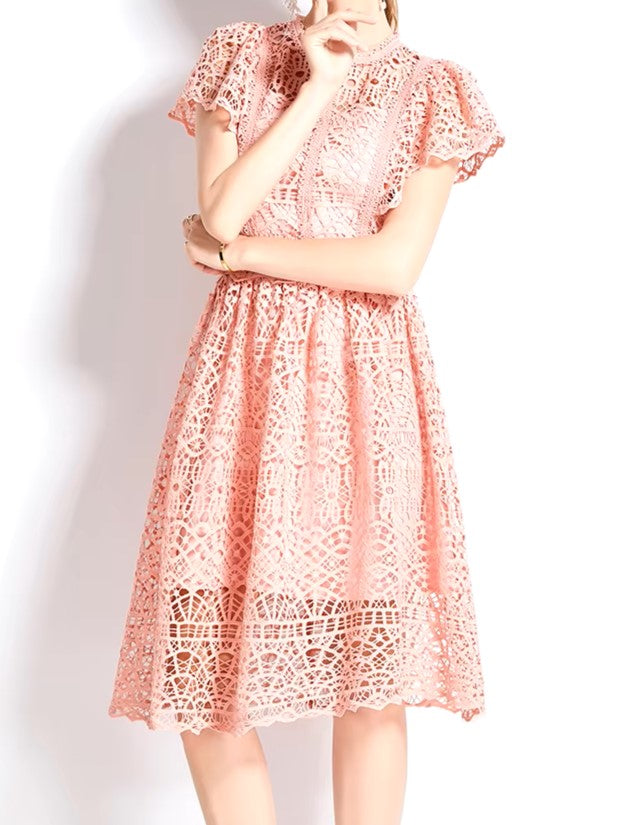 Fabulous O Neck A Line Lace Pink Slim Dress