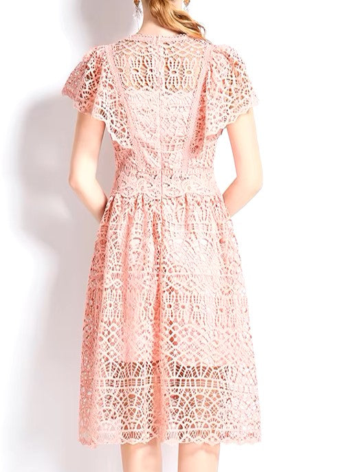 Fabulous O Neck A Line Lace Pink Slim Dress