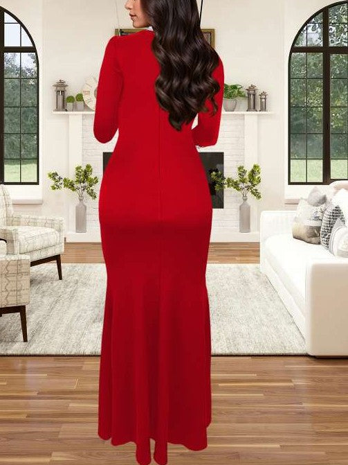 Fabulous Rhinestones Mock Neck Split Hem Red Maxi Dress