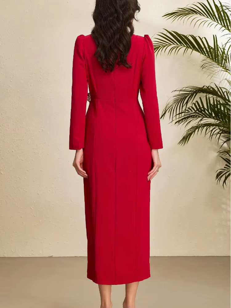 Fabulous Square Collar Slit Slim Flower Decor Long Sleeve Red Party Dress