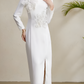 Fabulous Square Collar Slit Slim Flower Decor Long Sleeve White Party Dress