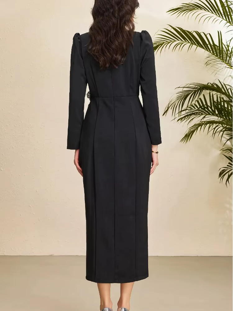 Fabulous Square Collar Slit Slim Flower Decor Long Sleeve Black Party Dress