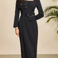 Fabulous Square Collar Slit Slim Flower Decor Long Sleeve Black Party Dress