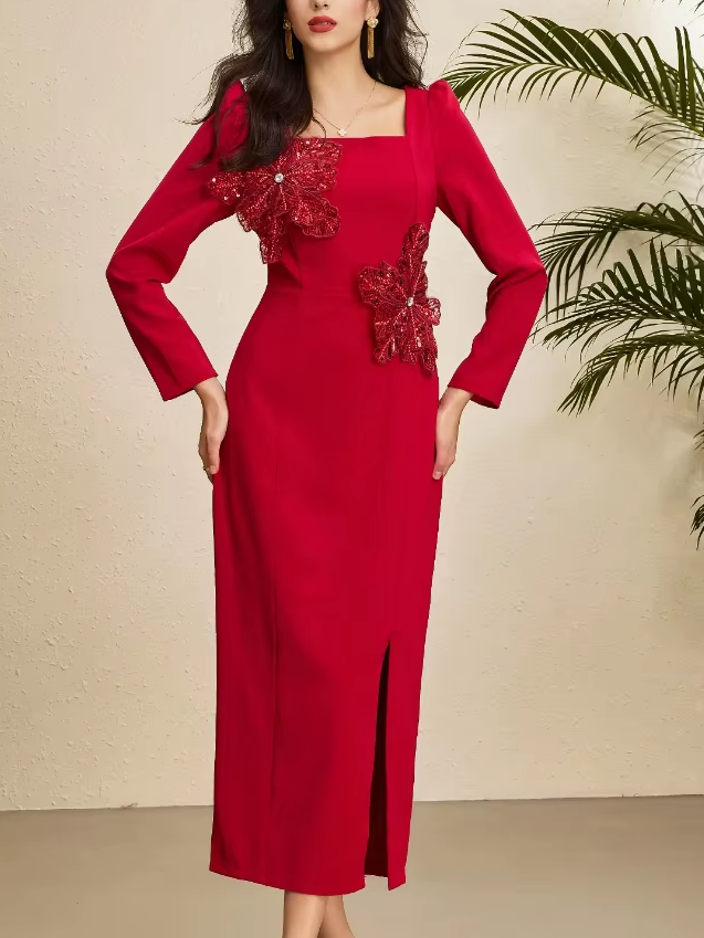 Fabulous Square Collar Slit Slim Flower Decor Long Sleeve Red Party Dress