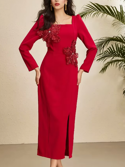 Fabulous Square Collar Slit Slim Flower Decor Long Sleeve Red Party Dress