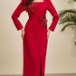 Fabulous Square Collar Slit Slim Flower Decor Long Sleeve Red Party Dress