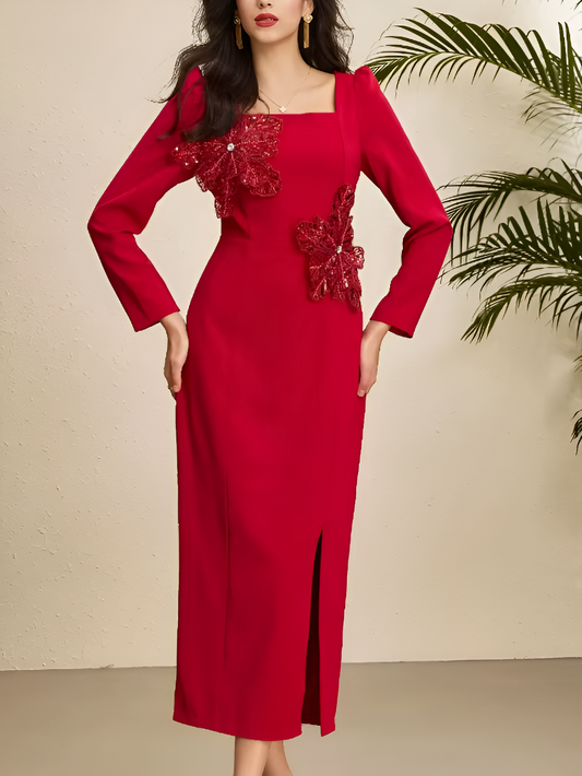 Fabulous Square Collar Slit Slim Flower Decor Long Sleeve Red Party Dress