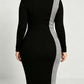 Fashionable Long Sleeve Side Leopard Bodycon Black Midi Plus Dress