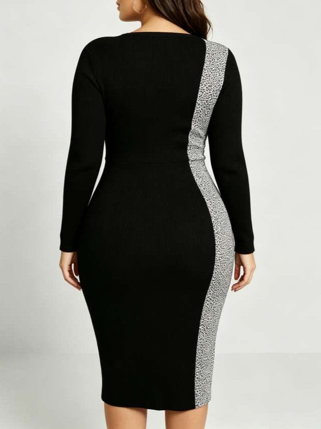 Fashionable Long Sleeve Side Leopard Bodycon Black Midi Plus Dress