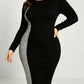 Fashionable Long Sleeve Side Leopard Bodycon Black Midi Plus Dress