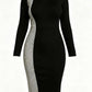 Fashionable Long Sleeve Side Leopard Bodycon Black Midi Plus Dress