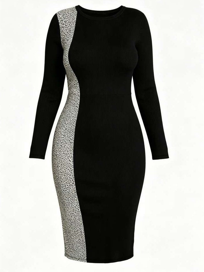 Fashionable Long Sleeve Side Leopard Bodycon Black Midi Plus Dress