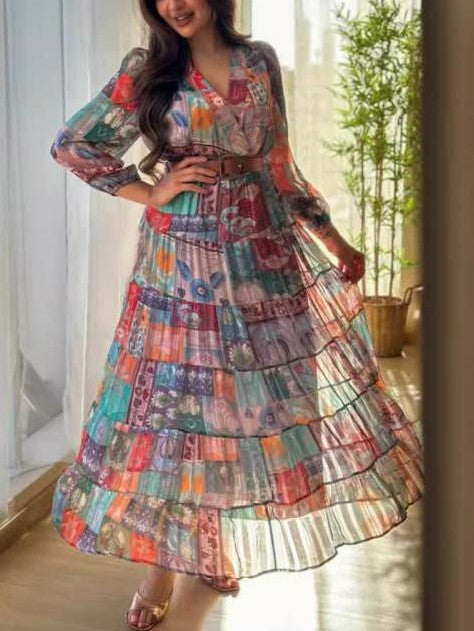 Fashionable Pleated Printed Long Sleeve Swing Dress