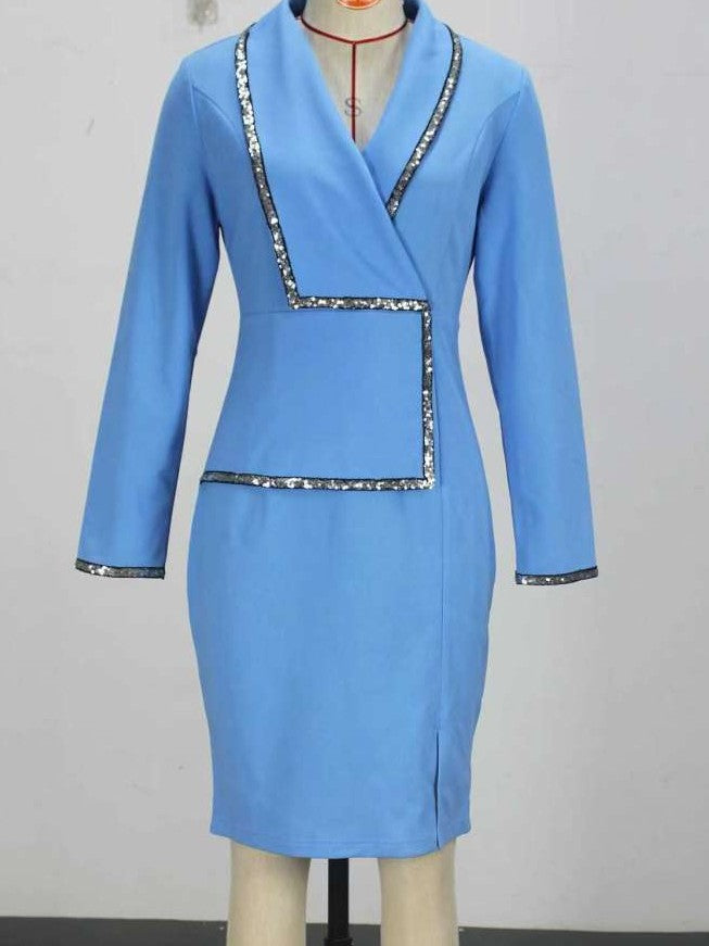 Fashionable V Neck Sequin Split Hem Blue Dress