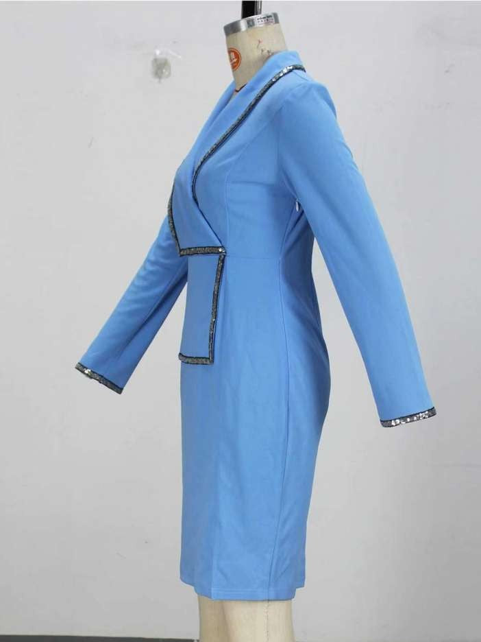 Fashionable V Neck Sequin Split Hem Blue Dress