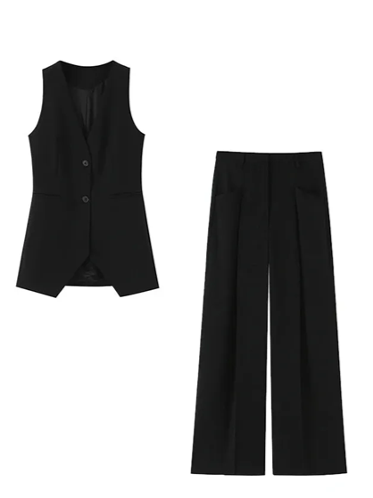 Formal Style Long Vest Sleeveless Blazer WIth Wide Leg Pants Set