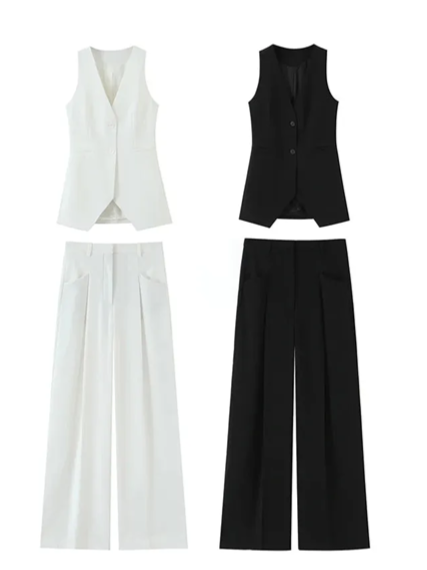 Formal Style Long Vest Sleeveless Blazer WIth Wide Leg Pants Set