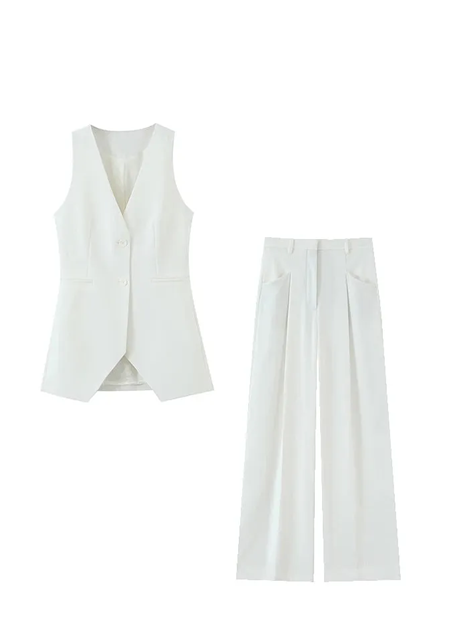 Formal Style Long Vest Sleeveless Blazer WIth Wide Leg Pants Set