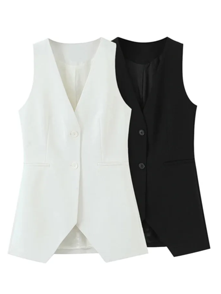 Formal Style Long Vest Sleeveless Blazer WIth Wide Leg Pants Set
