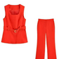 Formal Style Red Vest Belted Top With Pants Set
