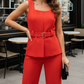 Formal Style Red Vest Belted Top With Pants Set