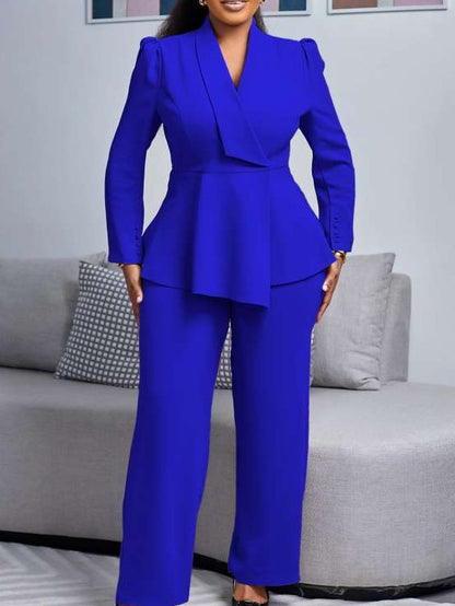 Formal Wear Asymmetrical Hem Tailored Collar Wide Leg Pants Blue Set