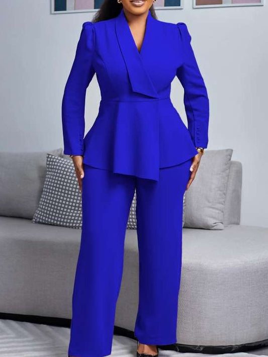 Formal Wear Asymmetrical Hem Tailored Collar Wide Leg Pants Blue Set