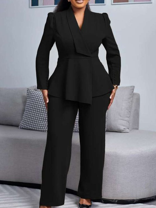 Formal Wear Asymmetrical Hem Tailored Collar Wide Leg Pants Black Set - Ships in 24 Hrs