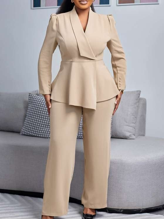 Formal Wear Asymmetrical Hem Tailored Collar Wide Leg Pants Khaki Set