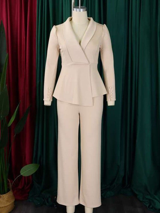 Formal Wear Asymmetrical Hem Tailored Collar Wide Leg Pants Khaki Set