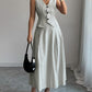 Formal Wear Striped V Neck Vest With Skirt Grey Set