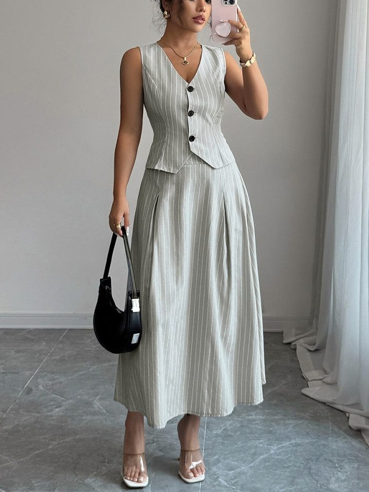 Formal Wear Striped V Neck Vest With Skirt Grey Set