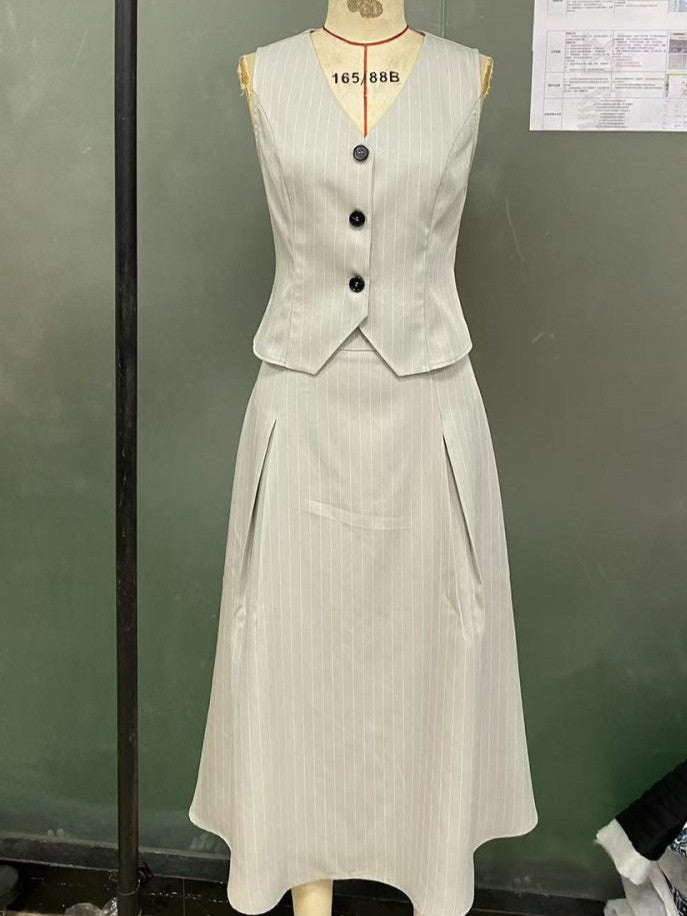 Formal Wear Striped V Neck Vest With Skirt Grey Set