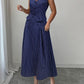 Formal Wear Striped V Neck Vest With Skirt Blue Set