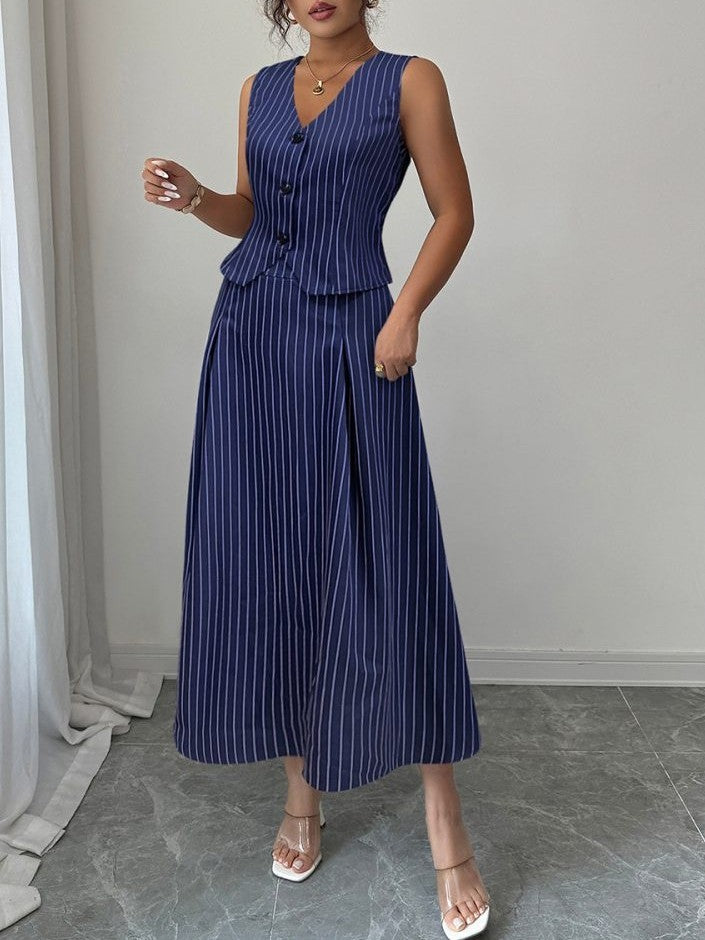 Formal Wear Striped V Neck Vest With Skirt Blue Set