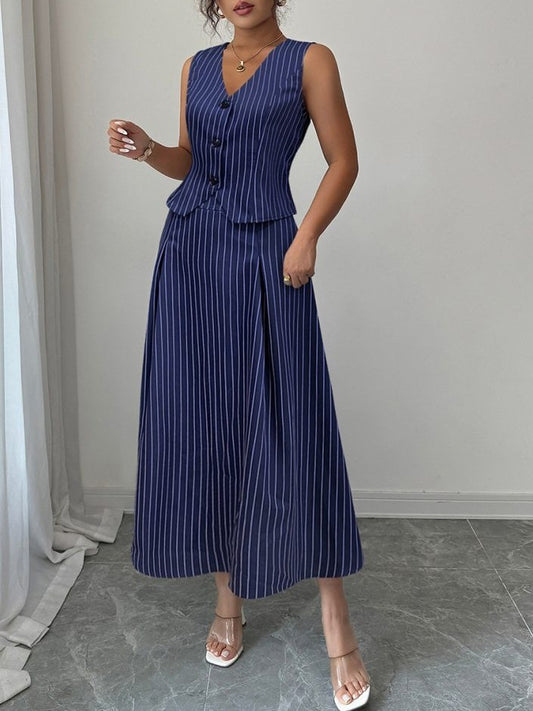 Formal Wear Striped V Neck Vest With Skirt Blue Set