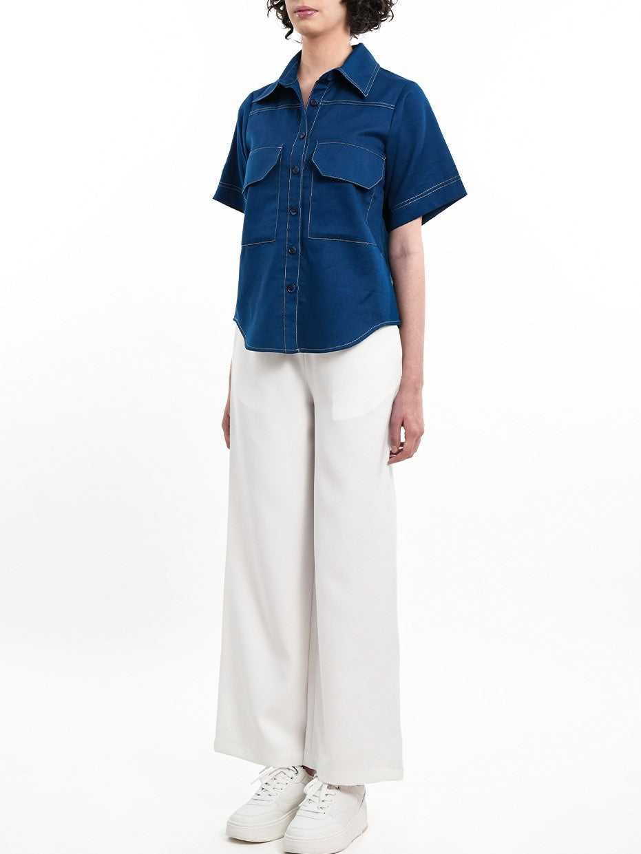Formal Wear White And Blue Detailed Stitch Co Ord Set