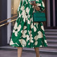 Fresh Flower Tie Wrap Stand Collar Short Sleeve Green Dress