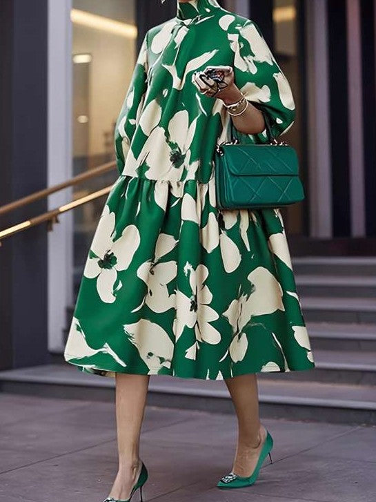 Fresh Flower Tie Wrap Stand Collar Short Sleeve Green Dress