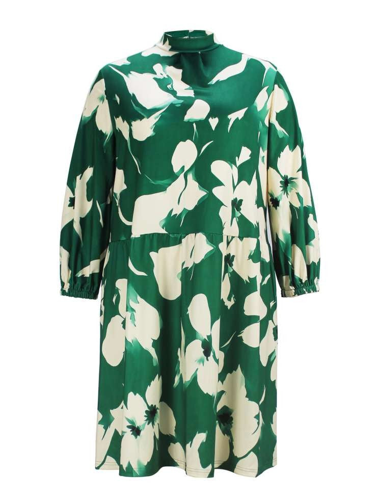 Fresh Flower Tie Wrap Stand Collar Short Sleeve Green Dress