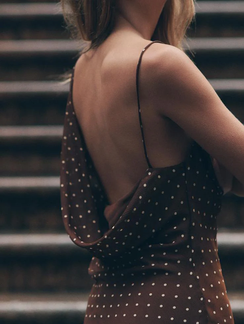 Gorgeous Brown Draped Asymetric Dot Maxi Dress