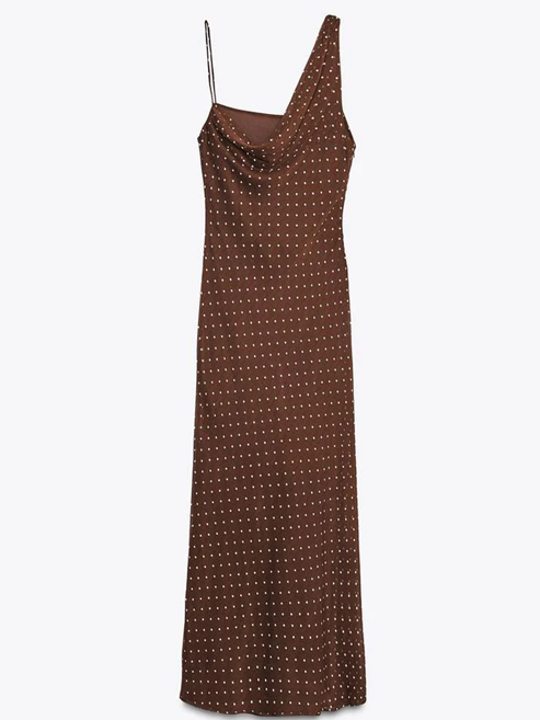 Gorgeous Brown Draped Asymetric Dot Maxi Dress
