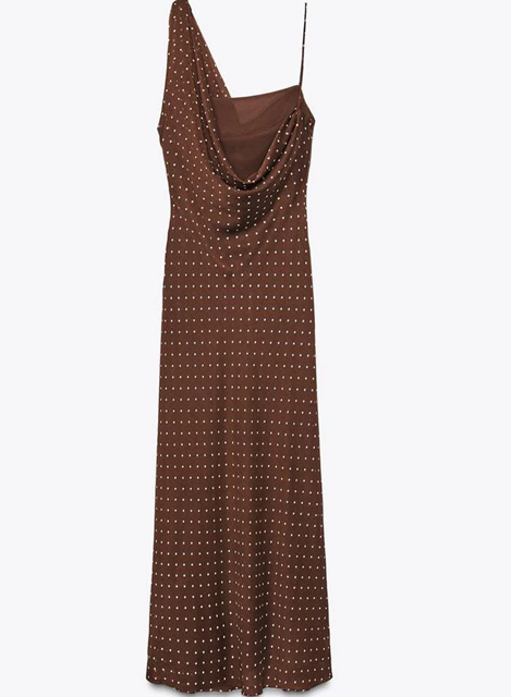 Gorgeous Brown Draped Asymetric Dot Maxi Dress