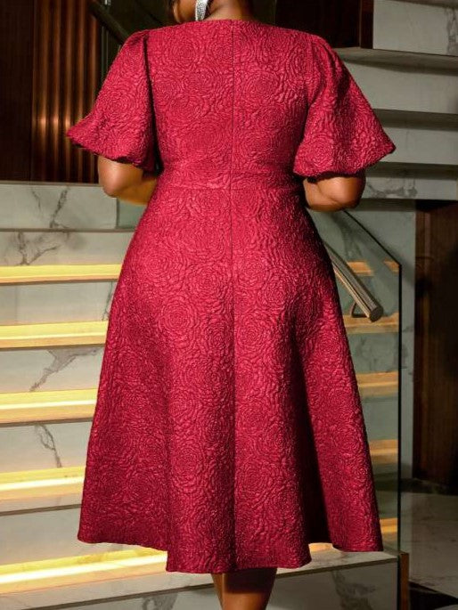 Gorgeous Carved Pattern Solid High Rise Flower Decor Red Midi Dress