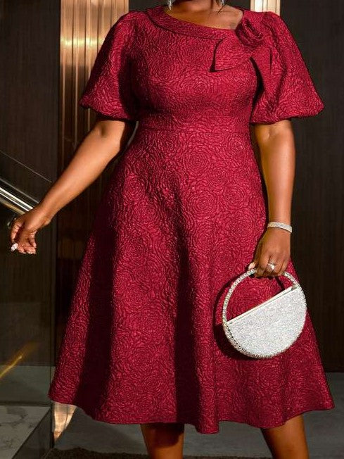 Gorgeous Carved Pattern Solid High Rise Flower Decor Red Midi Dress