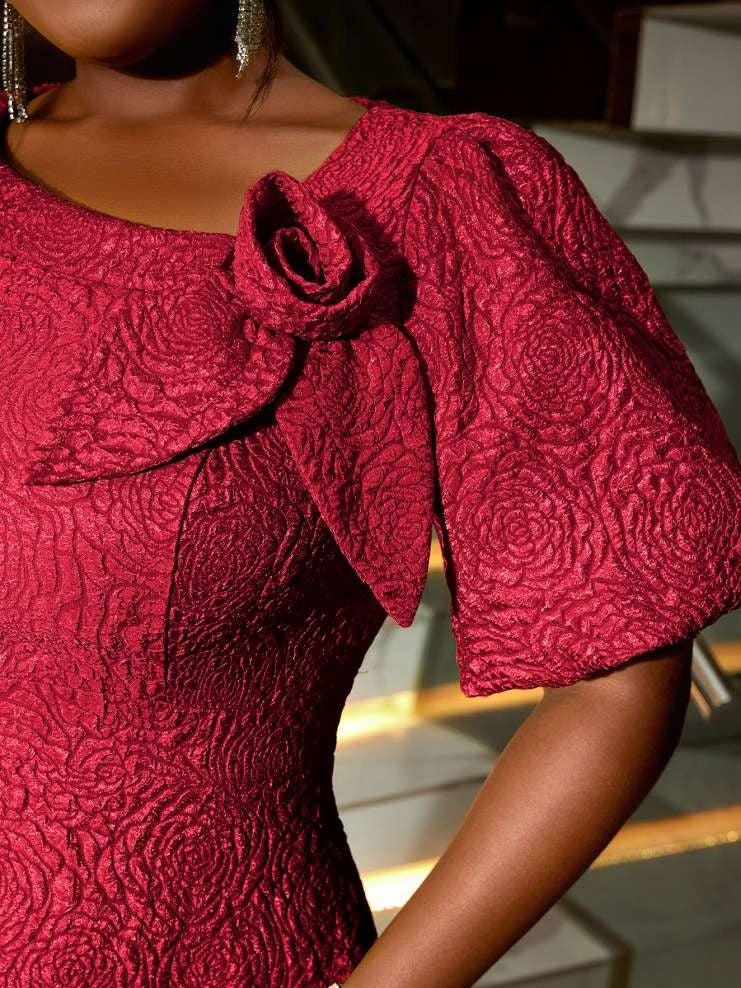 Gorgeous Carved Pattern Solid High Rise Flower Decor Red Midi Dress