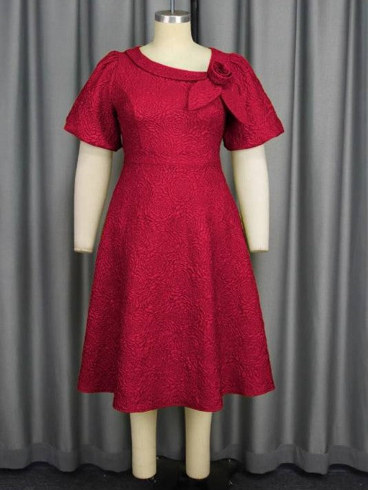 Gorgeous Carved Pattern Solid High Rise Flower Decor Red Midi Dress