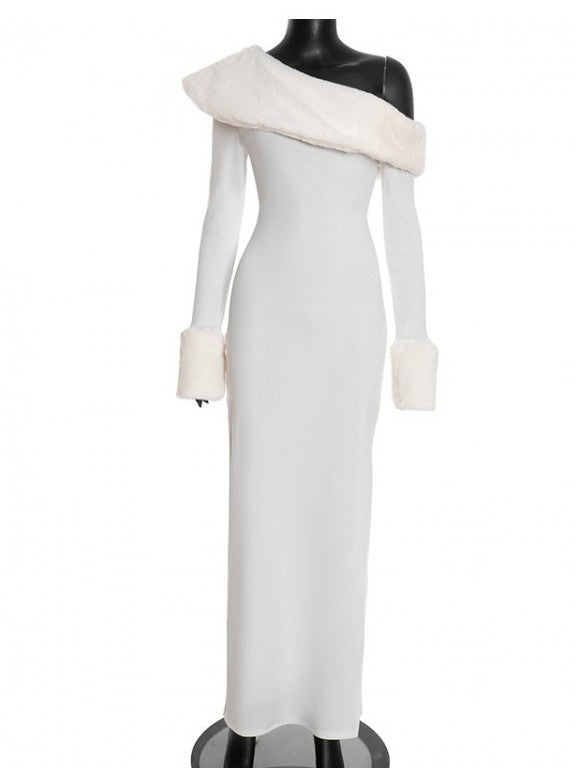 Gorgeous Inclined Shoulder White Side Slit Maxi Dress