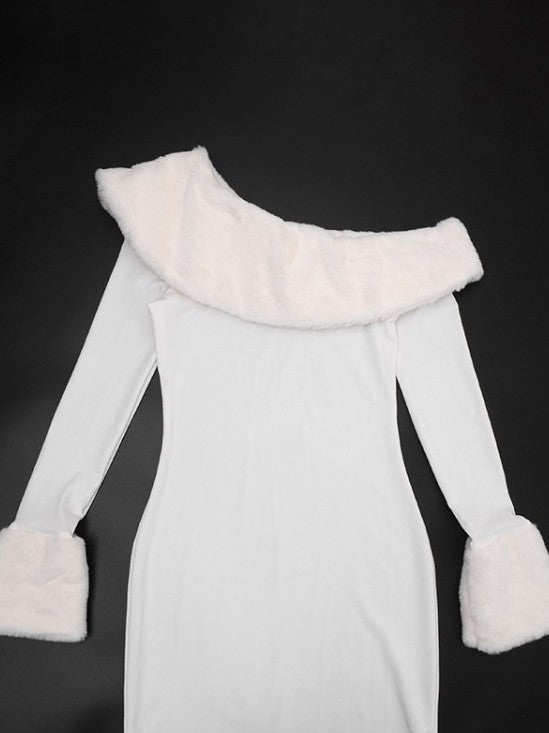 Gorgeous Inclined Shoulder White Side Slit Maxi Dress